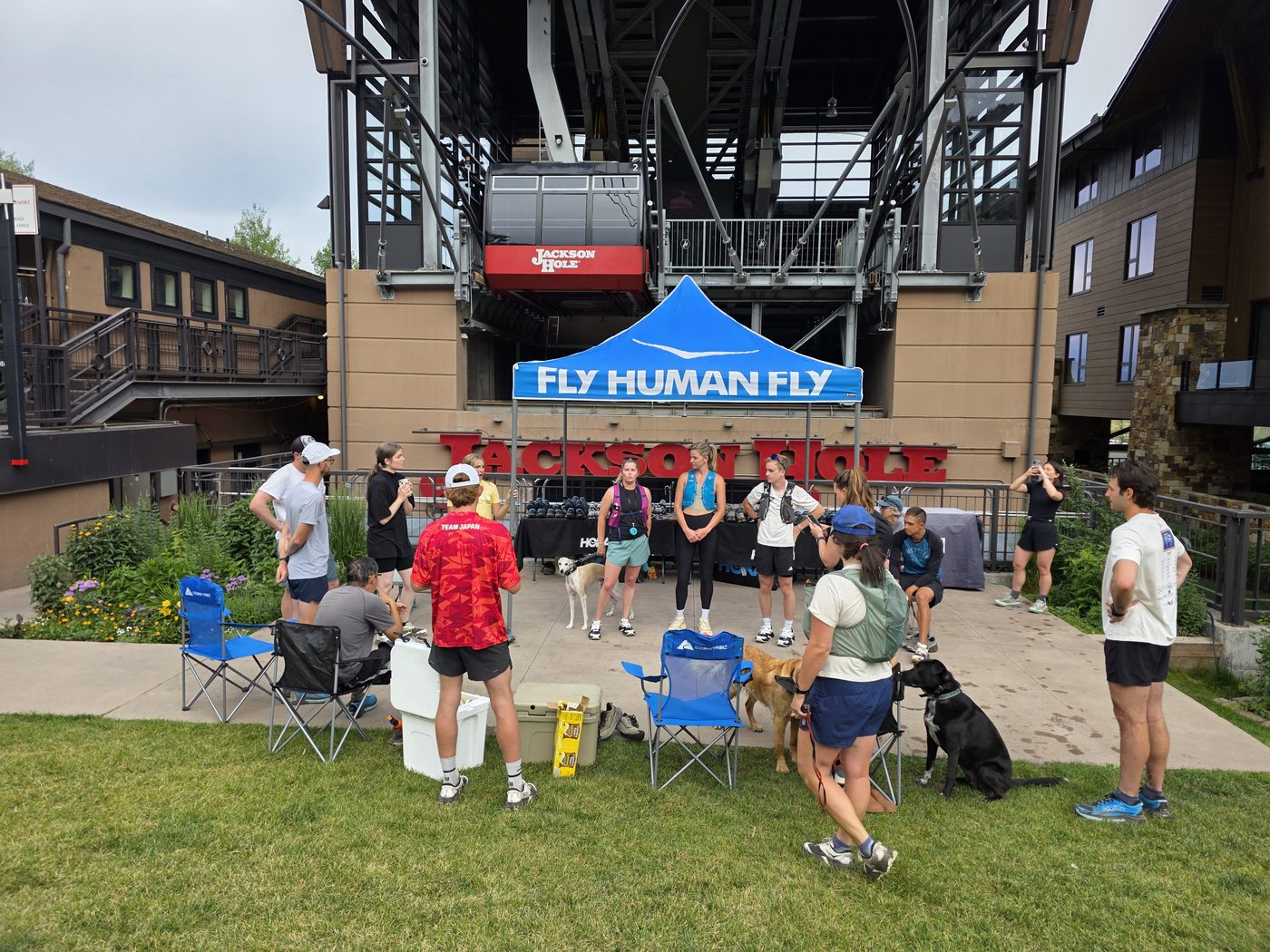 Rendezvous Run Club group with HOKA at the Jackson Hole tram