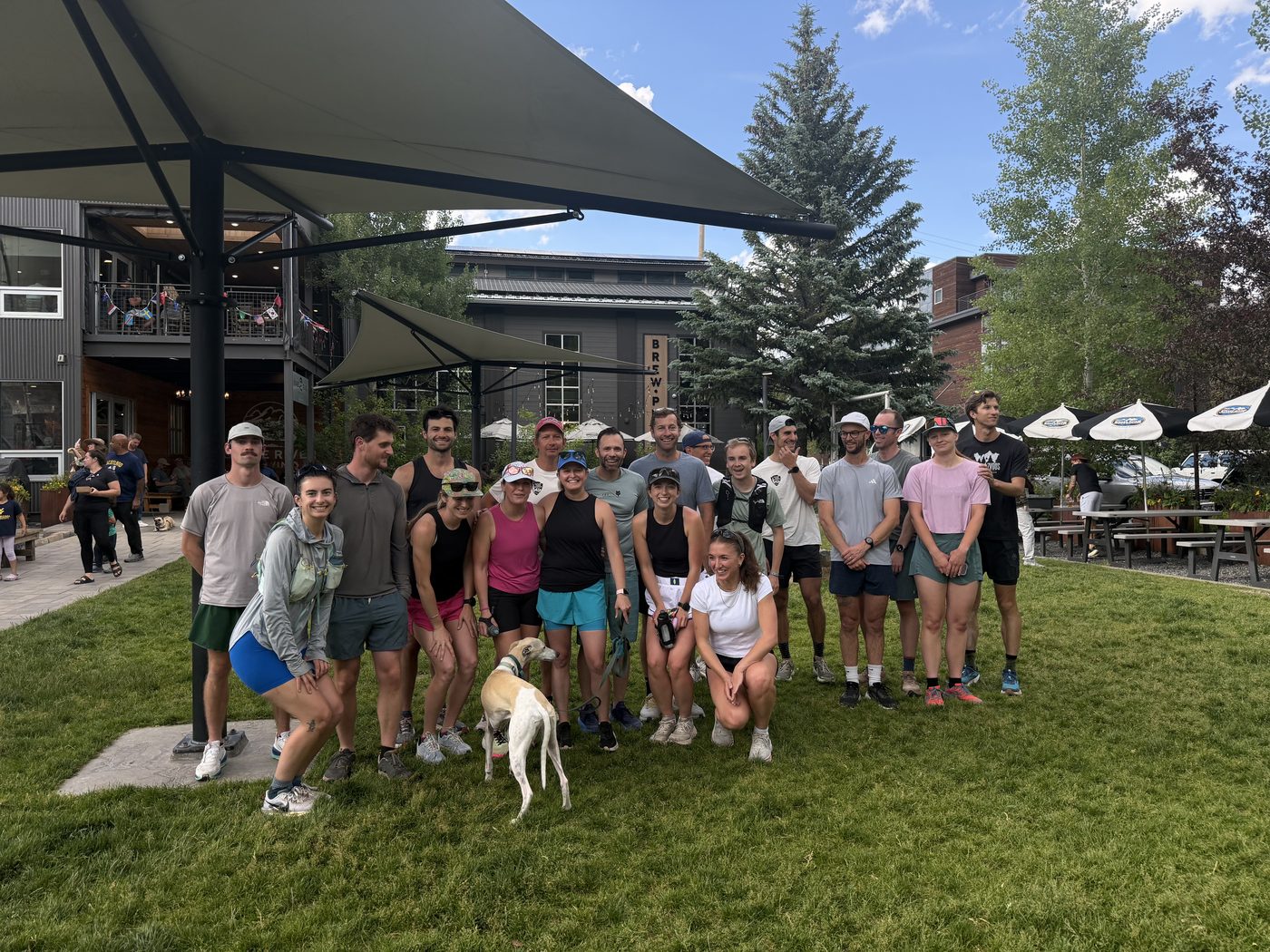 Rendezvous Run Club group at Snake River Brewing patio